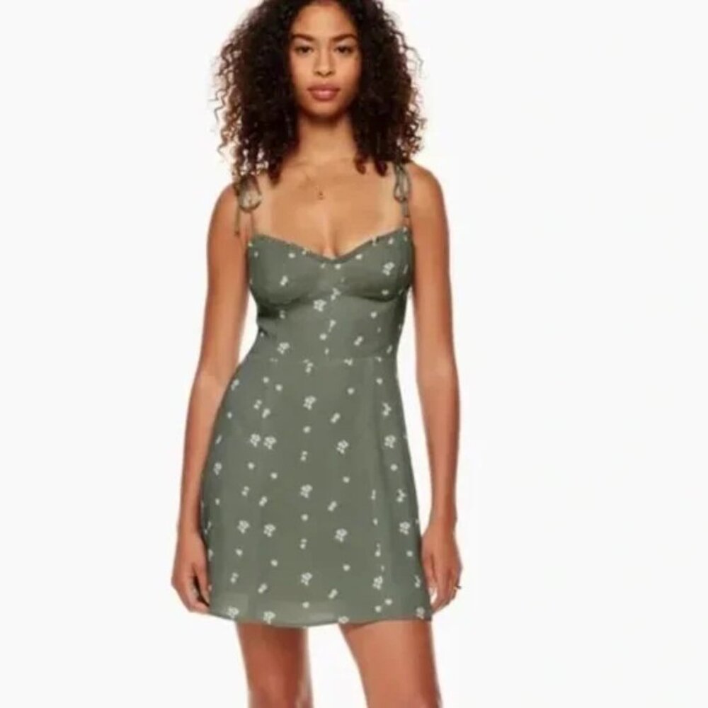 Aritzia Olive Green Floral Mini Dress